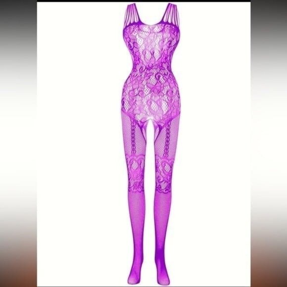 Purple Floral Pattern Torso Fishnet Bodysuit - Picture 6 of 8